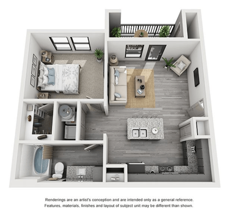Floor plan for 1 bed, 1 bath, 640 sqft